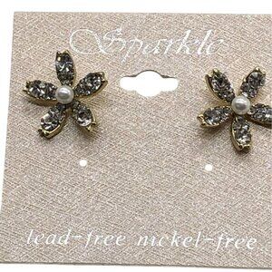 Sparkle Womens Floral Crystal Pearl Post Earrings Lead & Nickel-Free Rhinestones